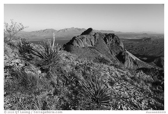 Organ Mountains seen from Dona Ana mountains. Organ Mountains Desert Peaks National Monument, New Mexico, USA (black and white)