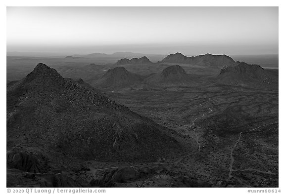 Point 5710 (left) and the central and northern sections (center) of the Doña Ana Range.. Organ Mountains Desert Peaks National Monument, New Mexico, USA (black and white)