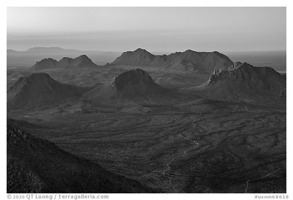 Cluster of peaks from the summit of Dona Ana Park. Organ Mountains Desert Peaks National Monument, New Mexico, USA (black and white)