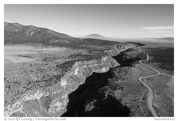 Aerial view of Rio Grande Gorge and road. Rio Grande Del Norte National Monument, New Mexico, USA (black and white)