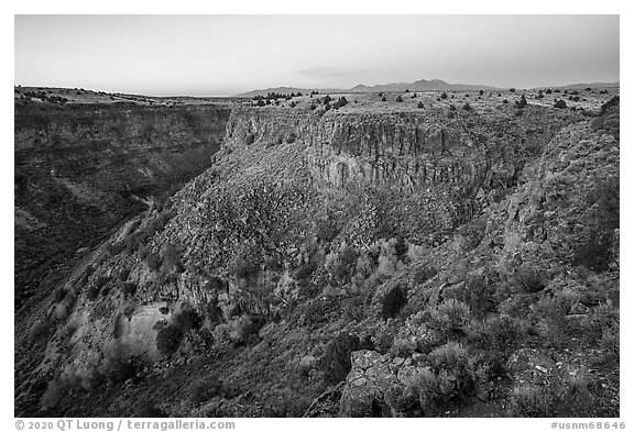 Gorge of Rio Pueblo de Taos from Taos Valley Overlook. Rio Grande Del Norte National Monument, New Mexico, USA (black and white)