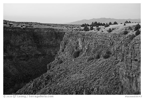 Rio Pueblo de Taos gorge from Taos Valley Overlook. Rio Grande Del Norte National Monument, New Mexico, USA (black and white)