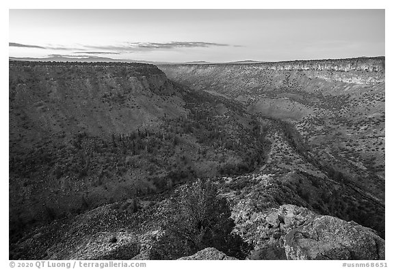 Convergence of Rio Grande and Red River from La Junta at dawn. Rio Grande Del Norte National Monument, New Mexico, USA (black and white)