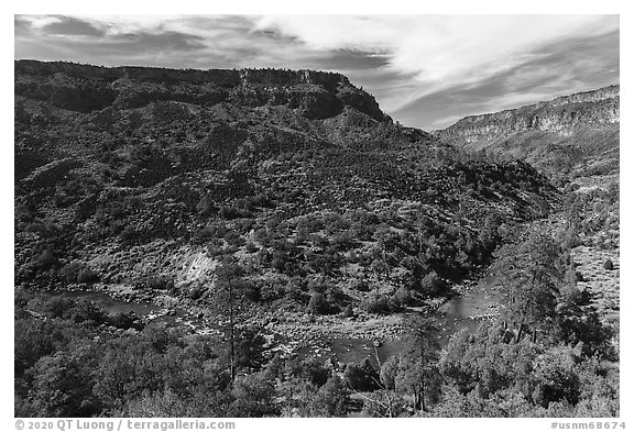 Rio Grande River and cliffs, Big Arsenic. Rio Grande Del Norte National Monument, New Mexico, USA (black and white)