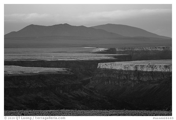 Gorge and Taos Valley before sunset. Rio Grande Del Norte National Monument, New Mexico, USA (black and white)