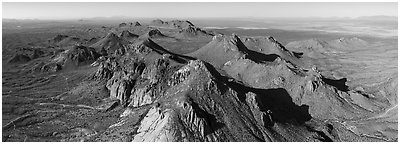 Dona Ana Mountains with monzonite porphyry peaks. Organ Mountains Desert Peaks National Monument, New Mexico, USA (Panoramic black and white)