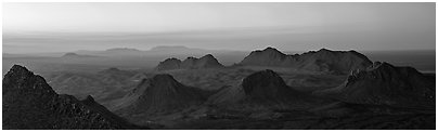 Cluster of desert peaks, Dona Ana Mountains. Organ Mountains Desert Peaks National Monument, New Mexico, USA (Panoramic black and white)