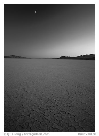 Playa and moon, sunset, Black Rock Desert. USA (black and white)