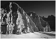 Cathedral-like spires and buttresses, Cathedral Gorge State Park. Nevada, USA ( black and white)