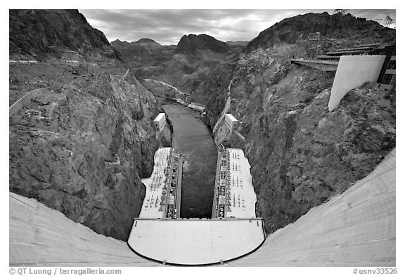 Dam, power plant and Black Canyon. Hoover Dam, Nevada and Arizona (black and white)