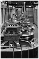 Row of electrical generators. Hoover Dam, Nevada and Arizona (black and white)