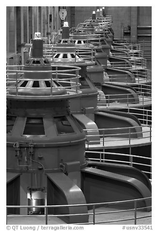 Electrical generators in power plant. Hoover Dam, Nevada and Arizona (black and white)