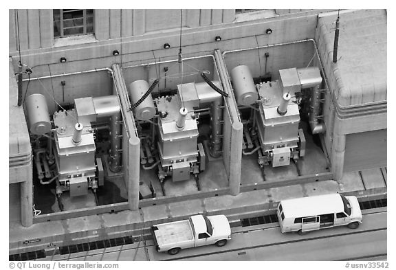 Transformers on  ramp outside the power plant. Hoover Dam, Nevada and Arizona (black and white)