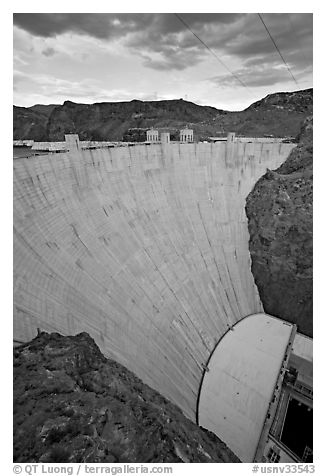 Profile view of arch-gravity dam. Hoover Dam, Nevada and Arizona (black and white)