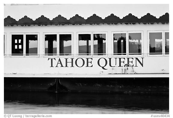 Side of Tahoe Queen boat with mountains seen through, South Lake Tahoe, Nevada. USA