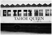 Side of Tahoe Queen boat with mountains seen through, South Lake Tahoe, Nevada. USA (black and white)