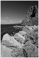 Sagebrush and Cave Rock, Lake Tahoe, Nevada. USA (black and white)