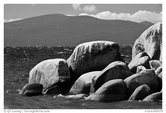 Boulders, lake, and mountains, Lake Tahoe-Nevada State Park, Nevada. USA (black and white)