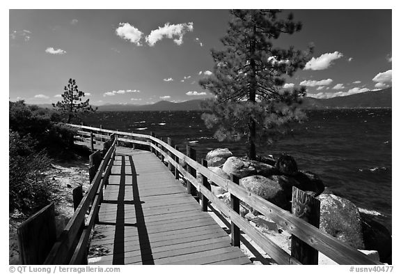 Boardwalk by lake, Sand Harbor, East Shore, Lake Tahoe, Nevada. USA (black and white)