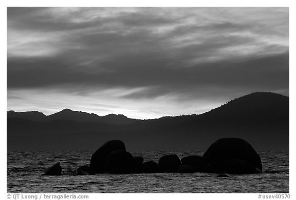 Rocks and mountains at sunset, Lake Tahoe-Nevada State Park, Nevada. USA (black and white)
