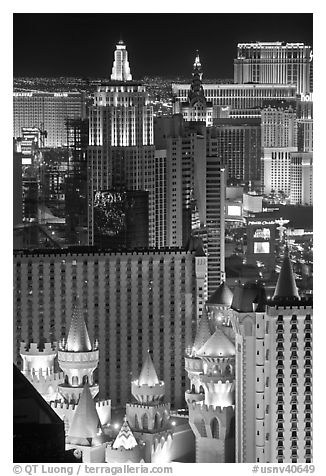 Las Vegas hotels seen from above at night. Las Vegas, Nevada, USA