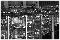 Restaurant and city reflections on glass windows, the Hotel at Mandalay Bay. Las Vegas, Nevada, USA (black and white)
