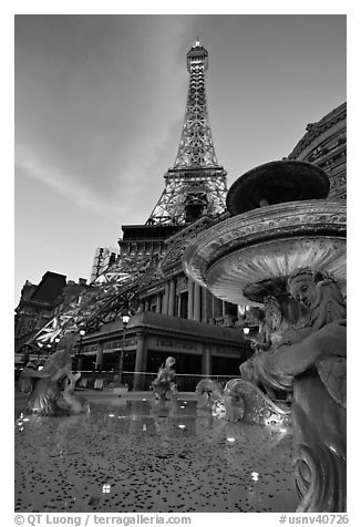 Fountain and Eiffel Tower replica at dusk, Paris casino. Las Vegas, Nevada, USA (black and white)