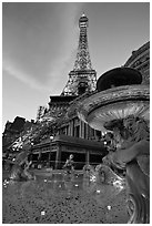Fountain and Eiffel Tower replica at dusk, Paris casino. Las Vegas, Nevada, USA (black and white)