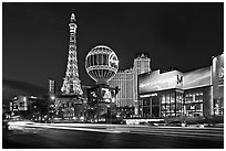 Las Vegas Boulevard and Eiffel Tower replica at dusk. Las Vegas, Nevada, USA (black and white)