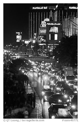 Congested traffic on Las Vegas Boulevard on Saturday night. Las Vegas, Nevada, USA (black and white)