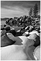 Snowy lakeshore, Lake Tahoe-Nevada State Park, Nevada. USA ( black and white)