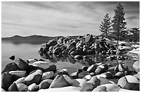 Snow and boulders on shore, Sand Harbor, Lake Tahoe-Nevada State Park, Nevada. USA ( black and white)