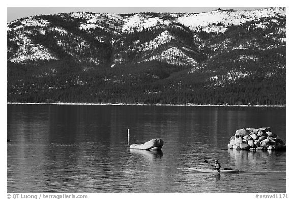 Kakak and mountains in winter, Sand Harbor, Lake Tahoe-Nevada State Park, Nevada. USA (black and white)