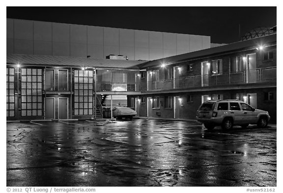 Motel on rainy night. Reno, Nevada, USA (black and white)