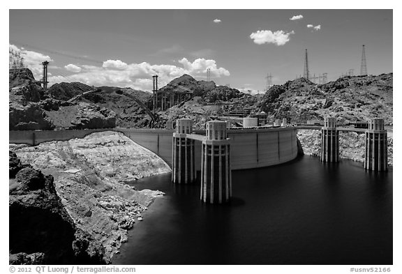 Reservoir and dam, Hoover Dam Bypass beeing built. Hoover Dam, Nevada and Arizona (black and white)