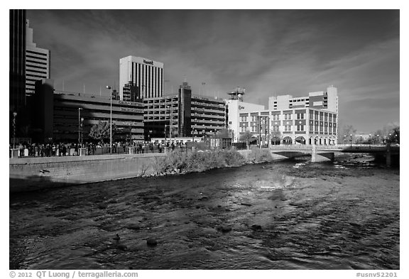 Truckee river and downtown buildings. Reno, Nevada, USA (black and white)
