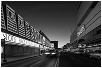 Casinos bordering street at dusk. Reno, Nevada, USA (black and white)