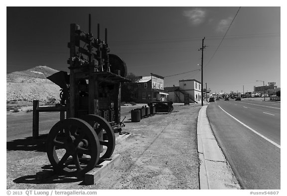 Historic mining equipement lining main street. Nevada, USA (black and white)