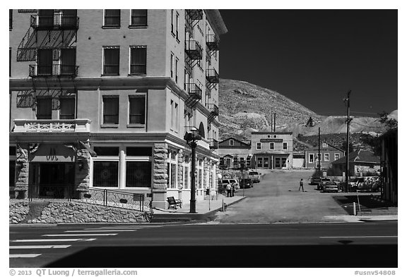 Mizpah hotel and main street. Nevada, USA (black and white)