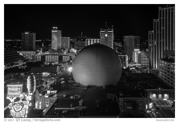 Skyline with Silver Legacy dome at night. Reno, Nevada, USA (black and white)