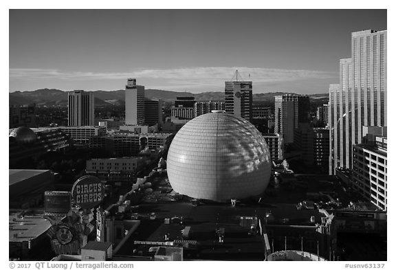 Skyline with Silver Legacy dome. Reno, Nevada, USA (black and white)