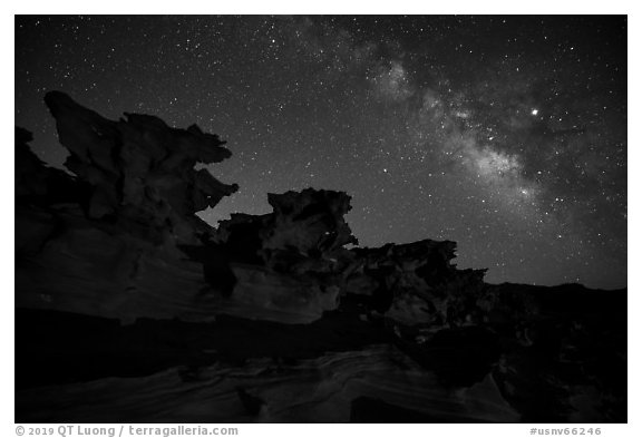 Little Finland and Milky Way at night. Gold Butte National Monument, Nevada, USA (black and white)