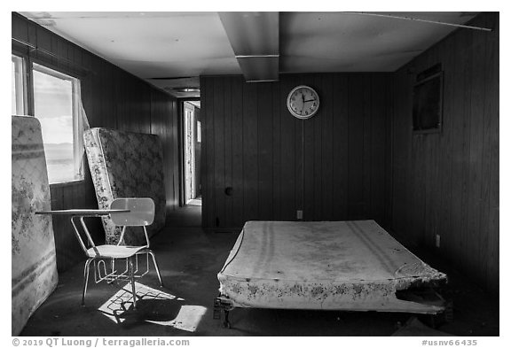 Inside abandonned trailer. Basin And Range National Monument, Nevada, USA (black and white)