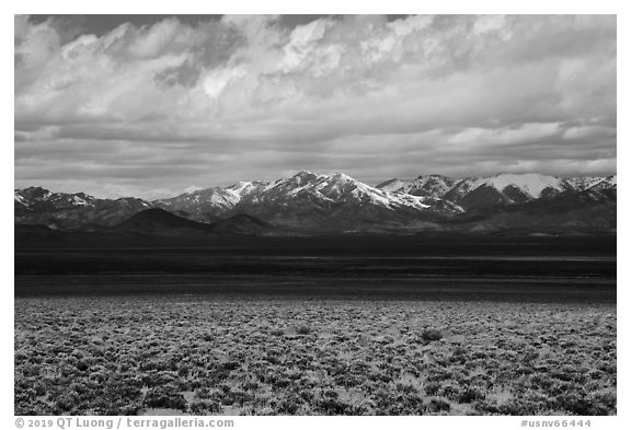 Sagebrush flats and snowy mountains. Basin And Range National Monument, Nevada, USA (black and white)