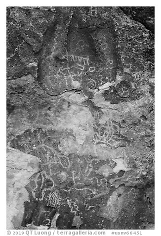 Petroglyphs, Mt Irish Archeological district. Basin And Range National Monument, Nevada, USA (black and white)
