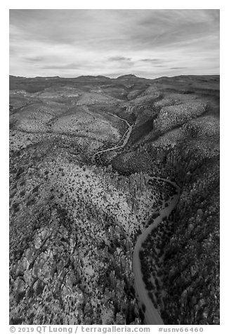 Aerial view of road and pinnacles, White River Narrows. Basin And Range National Monument, Nevada, USA (black and white)