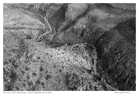 Aerial view of road through Valley of Faces. Basin And Range National Monument, Nevada, USA (black and white)