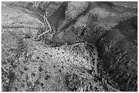 Aerial view of road through Valley of Faces. Basin And Range National Monument, Nevada, USA ( black and white)