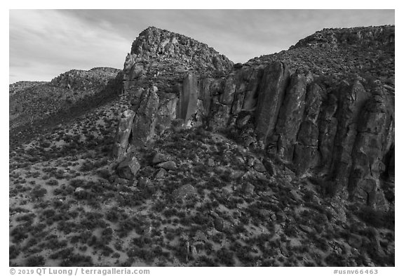 Cliffs in canyon, White River Narrows Archeological District. Basin And Range National Monument, Nevada, USA (black and white)