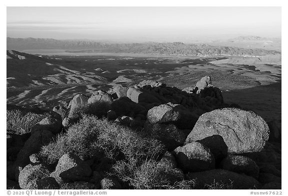 Lake Mead from Gold Butte Peak summit at sunrise. Gold Butte National Monument, Nevada, USA (black and white)